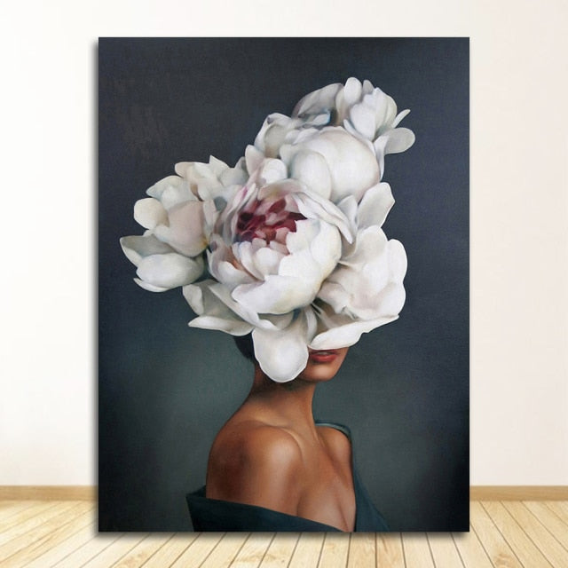 Flowers Feathers Woman Abstract Canvas Poster